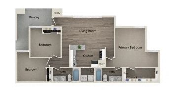 Floor plan for 3 beds, 2 baths, 1199 sqft
